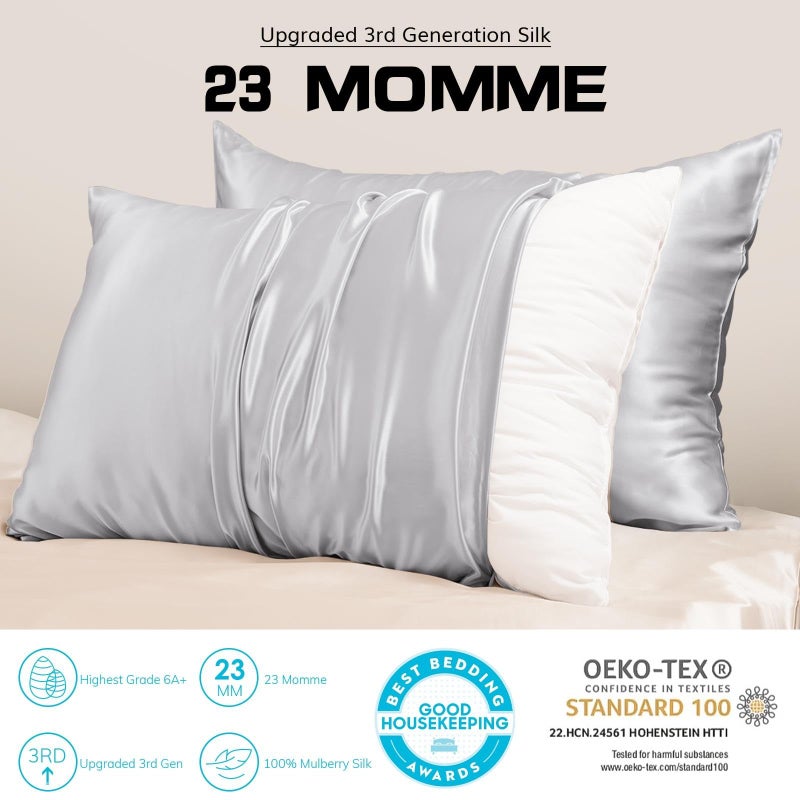 PROMEED Silk Pillowcase for Hair and Skin with Hidden Zipper, Both Sides 23 Momme Natural Real 100% Mulberry Silk Pillow Case, 1 Piece (Queen 20""x30"", Light Grey) - Image 2